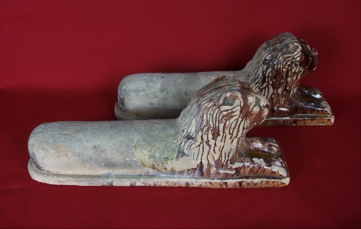 Pair of Antique Tuscany Terracotta Lions Andirons